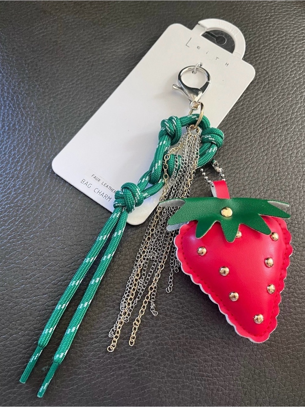 NWT Leith Strawberry Bag Charm Faux Leather Keychain Purse Accessory Red Green
